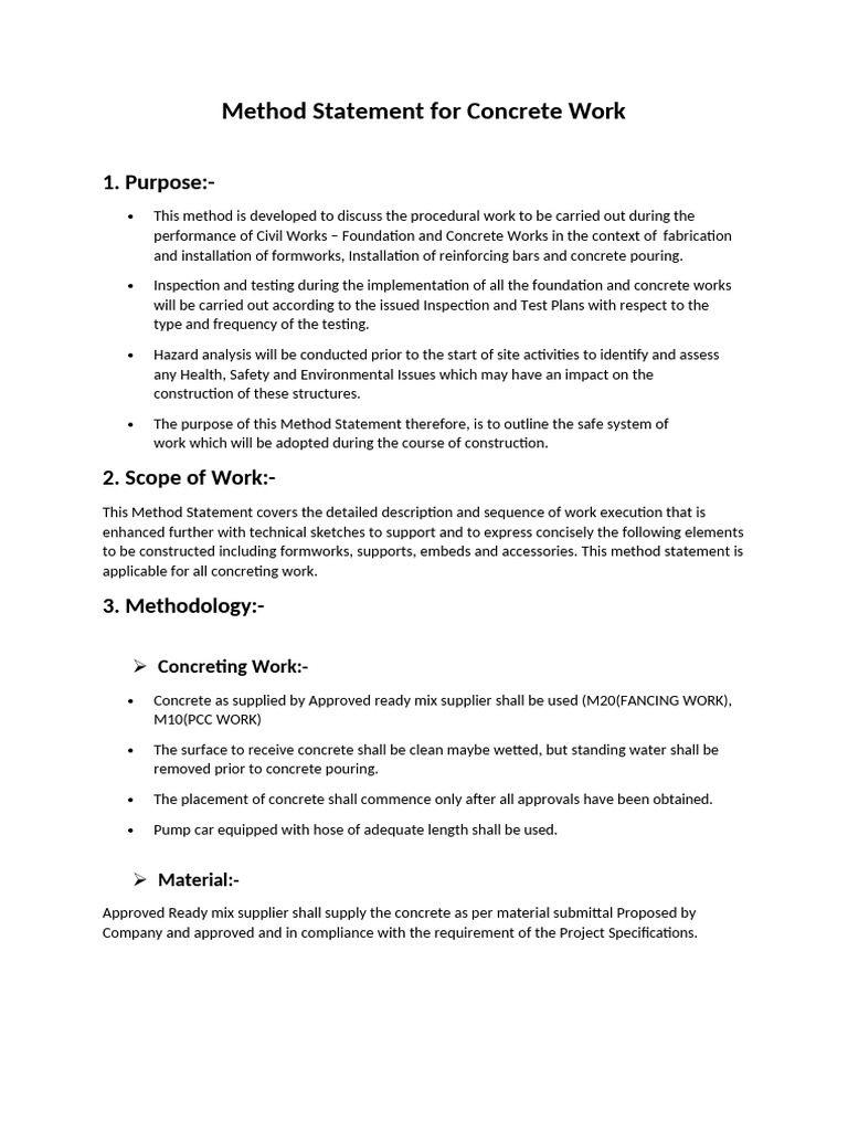 Method Statement For Concrete Work | PDF | Concrete | Quality Assurance