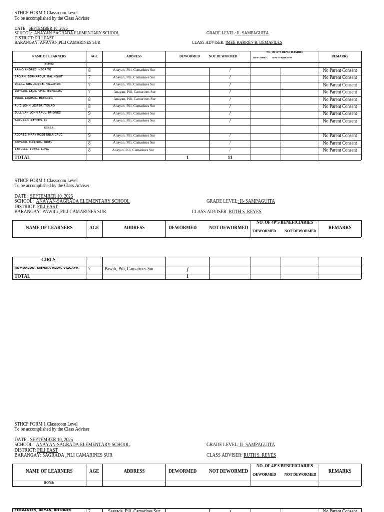 Deworming Form II Sampaguita Anayan Sagrada Pawili | PDF