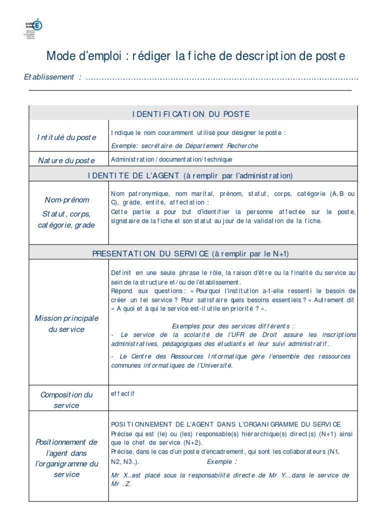 Mode Emploi Fiche De Poste Pdf Ressources Humaines Savoir Faire