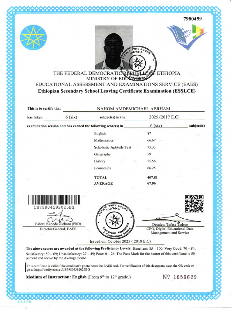 Nahom - 12 Certificate | PDF