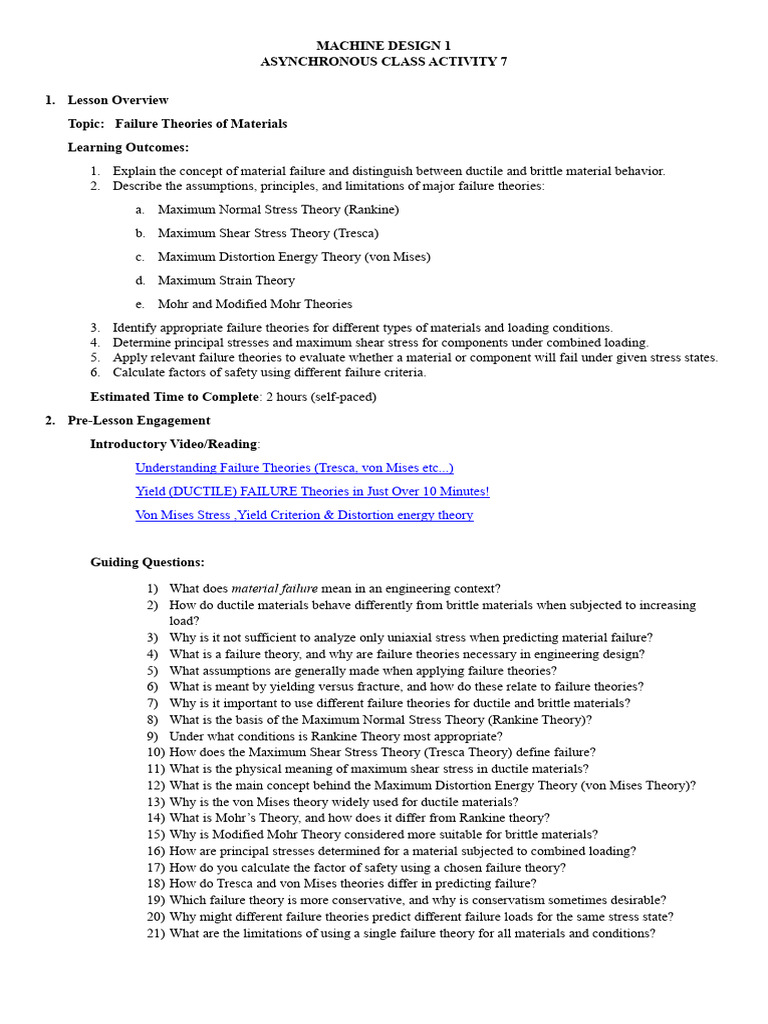 Asynchronous Class Activity 7 - Failure Theories of MMaterials | PDF ...