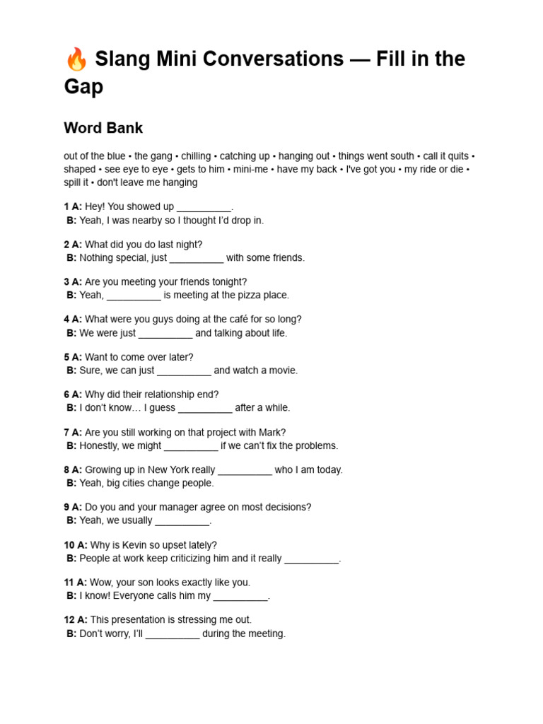 ? Slang Mini Conversations - Fill in The Gap | PDF