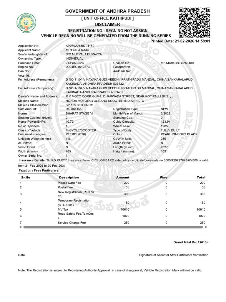Ap26022139724189 Mutyala Raj | PDF | Motor Vehicle | Transport