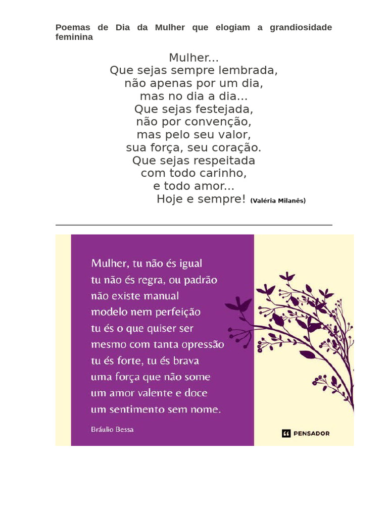Poemas de Dia Da Mulher Que Elogiam A Grandiosidade Feminina | PDF
