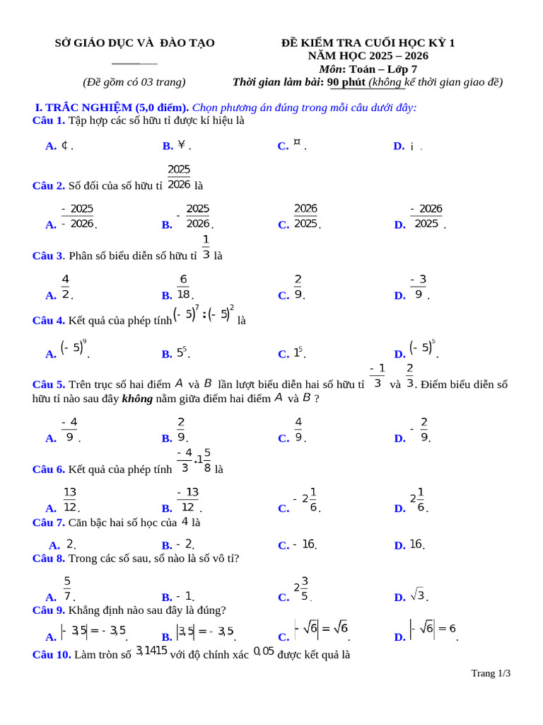 De Cuoi Hoc Ki 1 Toan 7 Nam 2025 2026 | PDF