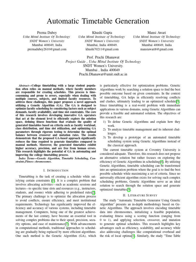 Automatic Timetable Generation Research Paper | PDF | Genetic Algorithm ...