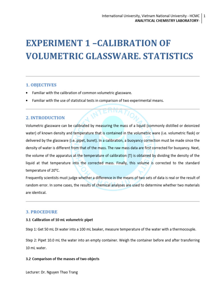 Experiment 1 - Calibration OF Volumetric Glassware. Statistics | PDF ...
