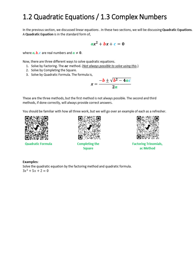 1.2 Quadratic Equations 1.3 Complex Numbers-1 | PDF | Quadratic ...