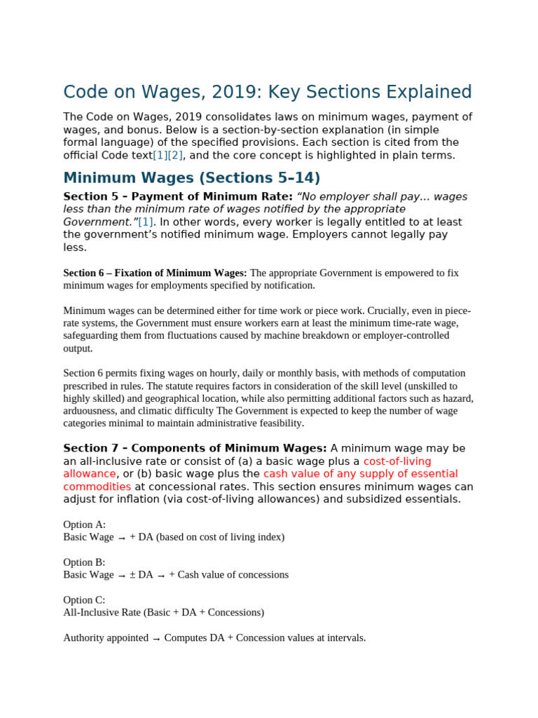 Code On Wages, 2019 - Key Sections Explained | PDF | Cost Of Living ...