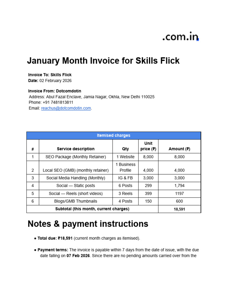 January Month Invoice For Skills Flick | PDF