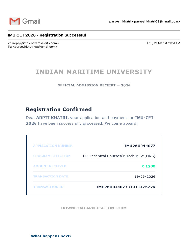 IMU CET 2026 - Registration Successful | PDF