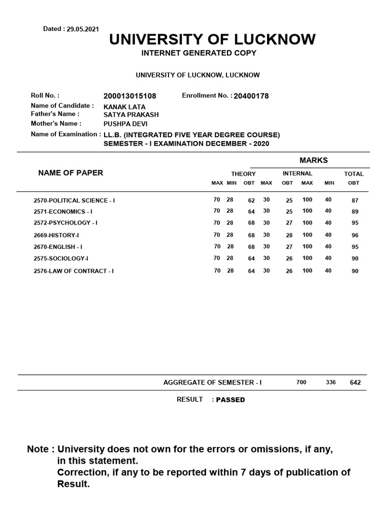 1 Sem Marksheet | PDF