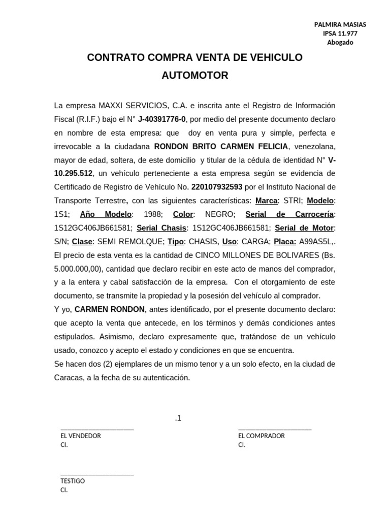 Modelo CONTRATO COMPRA Venta de Vehiculo | PDF
