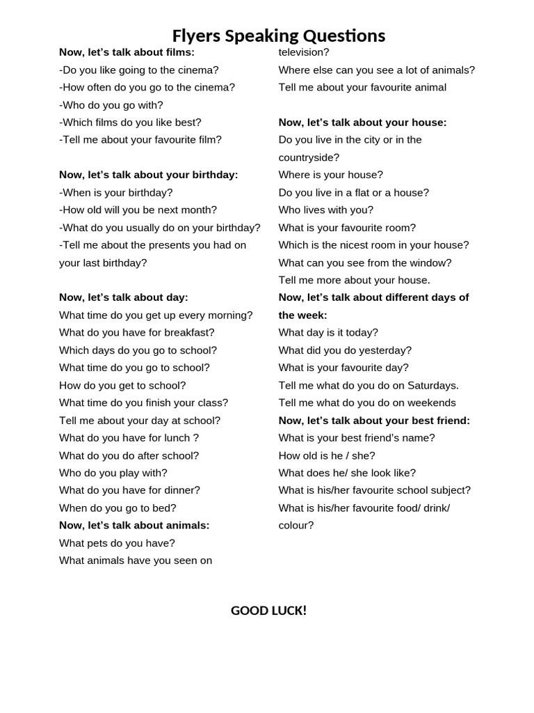 FLYERS SpeakingQuestions | PDF