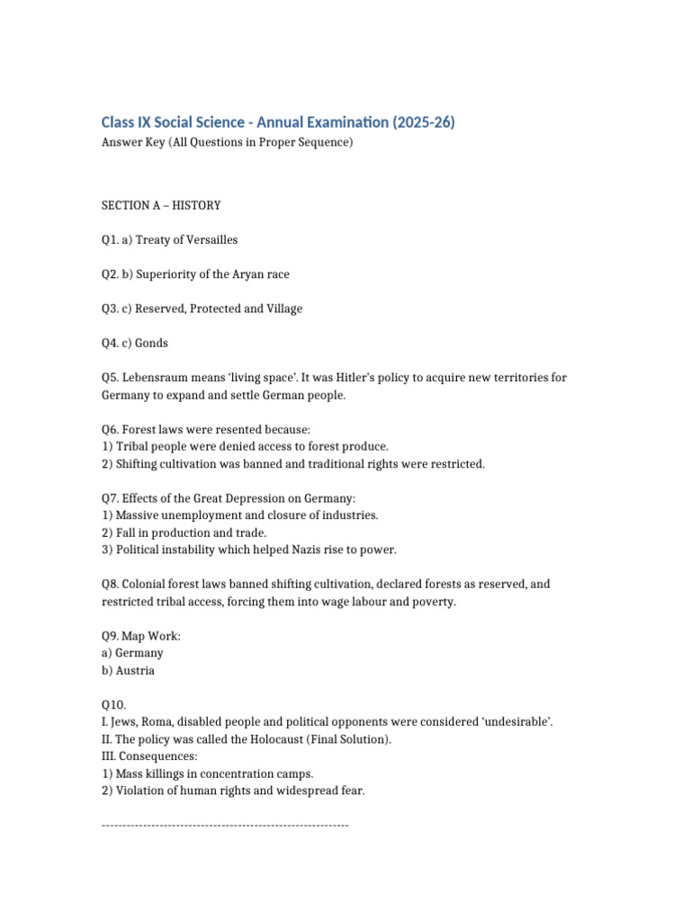 Class IX Social Science Answer Key 2025-26 | PDF | Economies