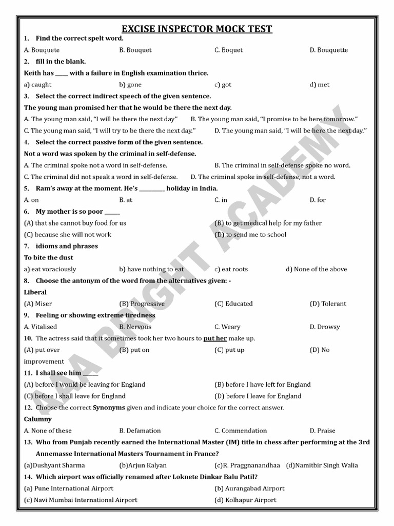 Excise Inspector Sample Mock Test-1 | PDF
