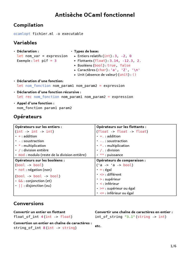 Cheat Sheet Ocaml | PDF | Booléen | Programmation informatique