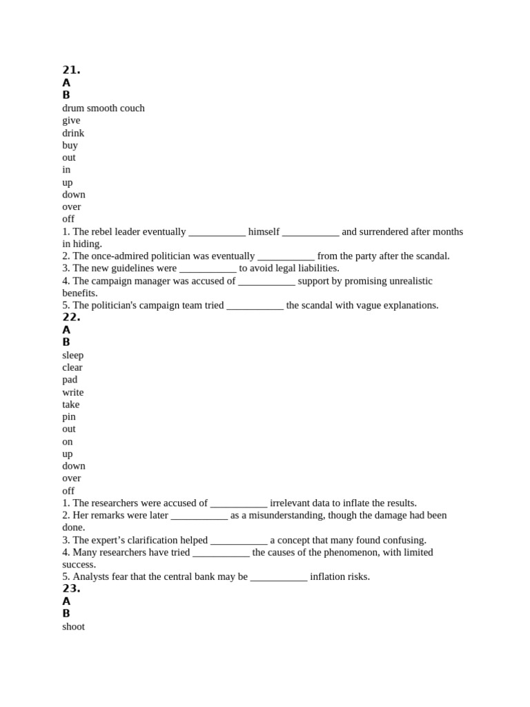 Fill ONE Phrasal Verb in Each Sentence by Using A Verb in Column A and ...