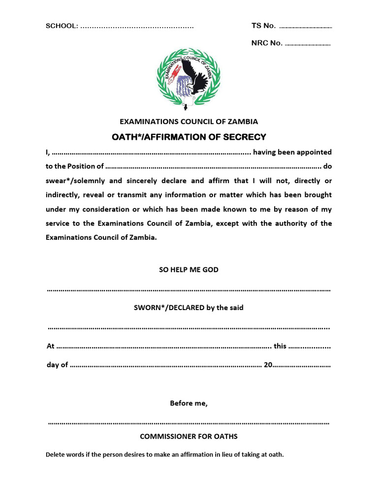 Oath of Secrecy Form - ECZ | PDF