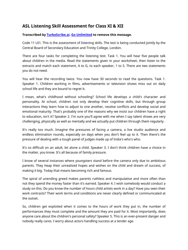 ASL Listening Skill Assessment For Class XI & XII | PDF | Learning ...