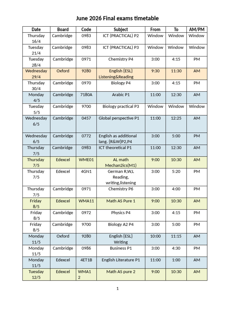 June 2026 Final Exams Timetable | PDF | Qualifications