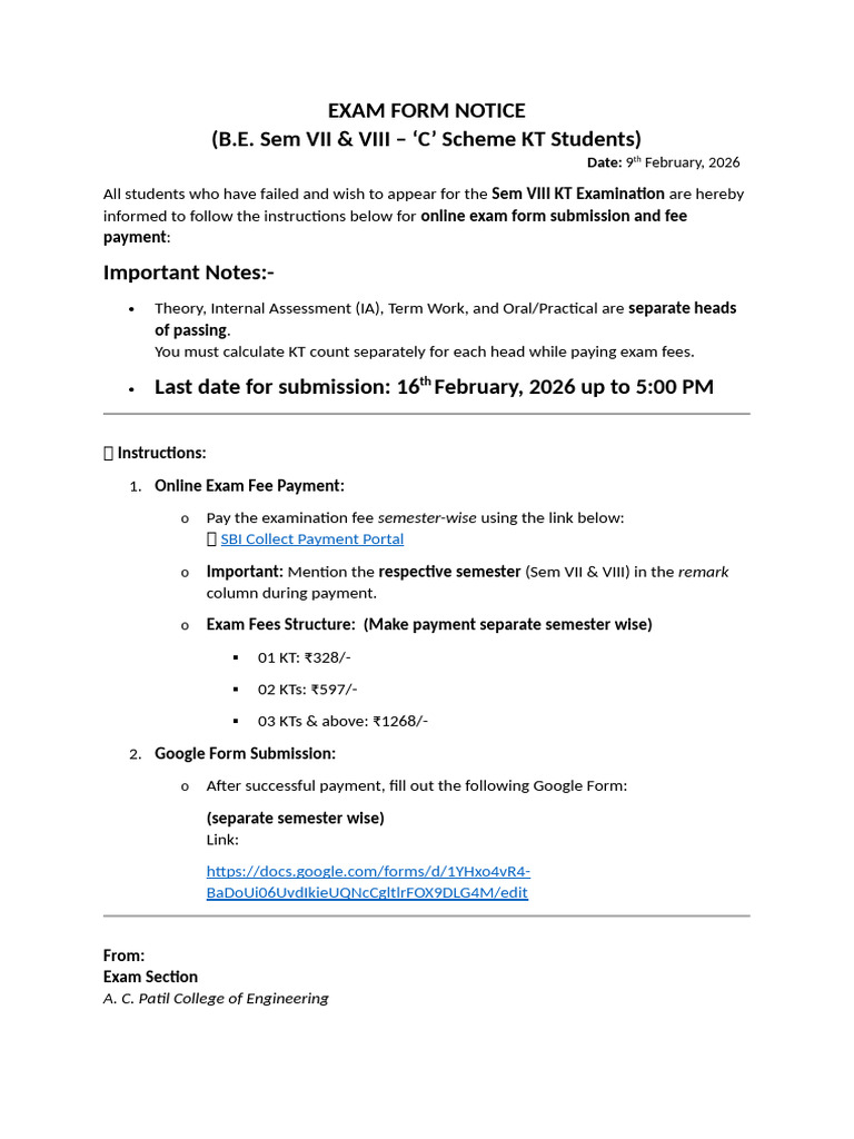 26 May Be Vii & Viii KT Exam Form Notice | PDF