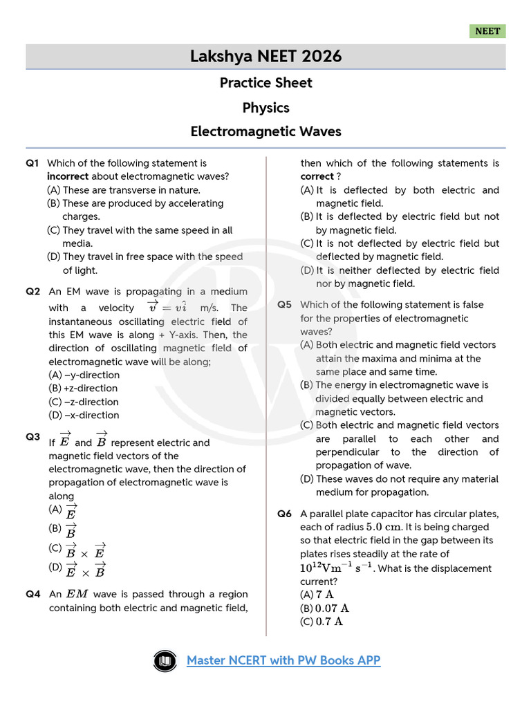 Electromagnetic Waves - Practice Sheet - Lakshya NEET 2026 | PDF ...