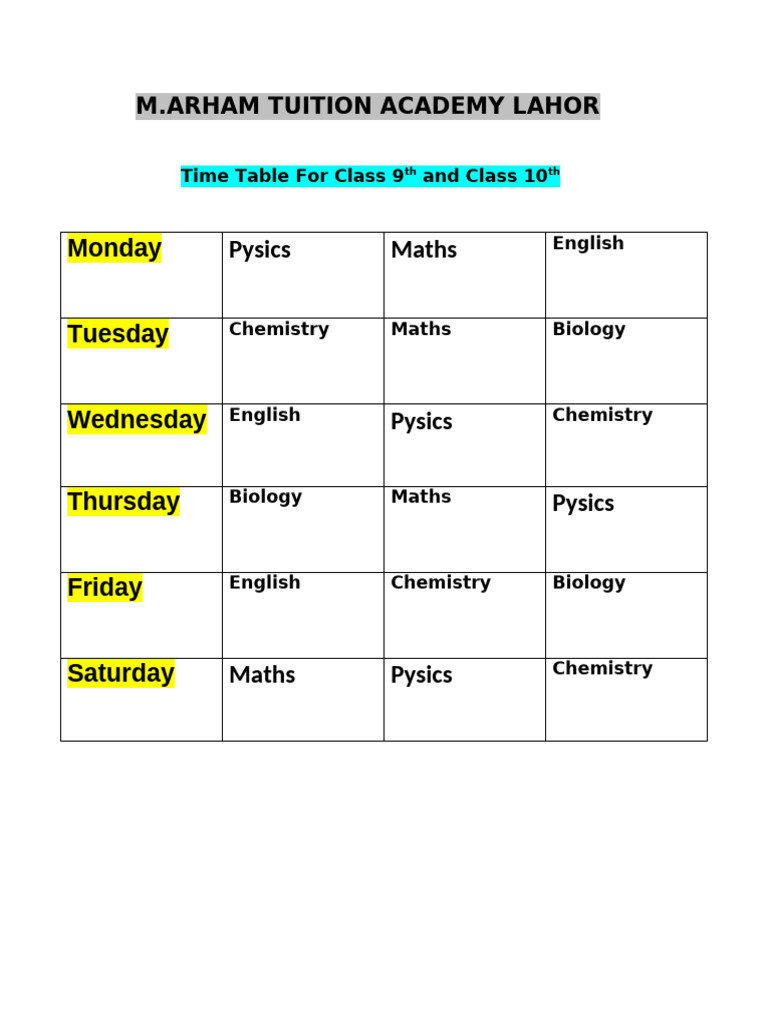 Time Table For Class 9th and Class 10th | PDF