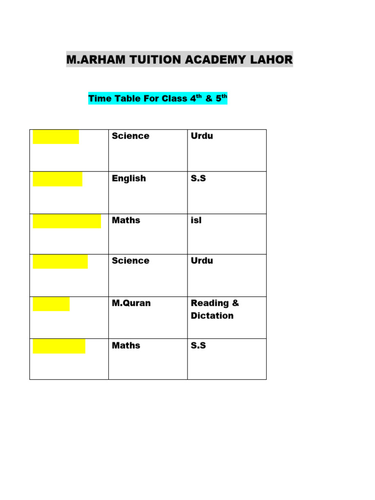 Time Table For Class 4th and Class 5th | PDF