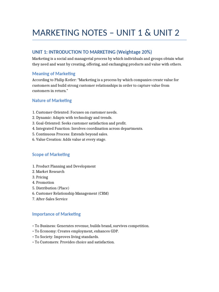 Marketing Notes Unit1 Unit2 | PDF