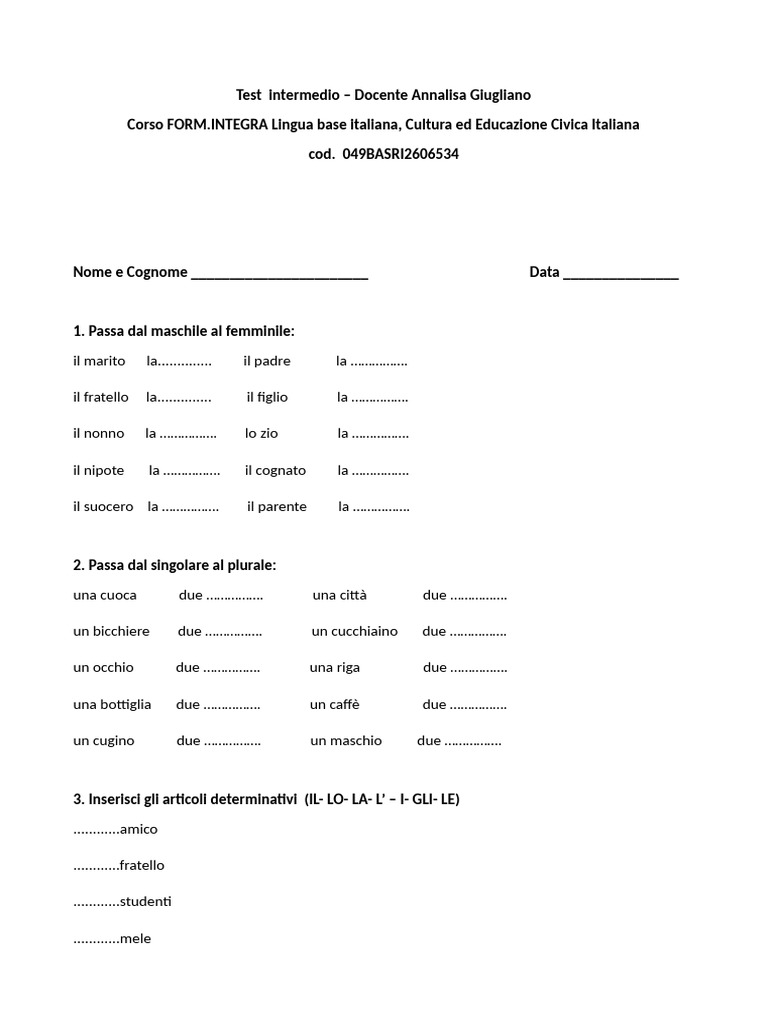 Test Italiano Base | PDF