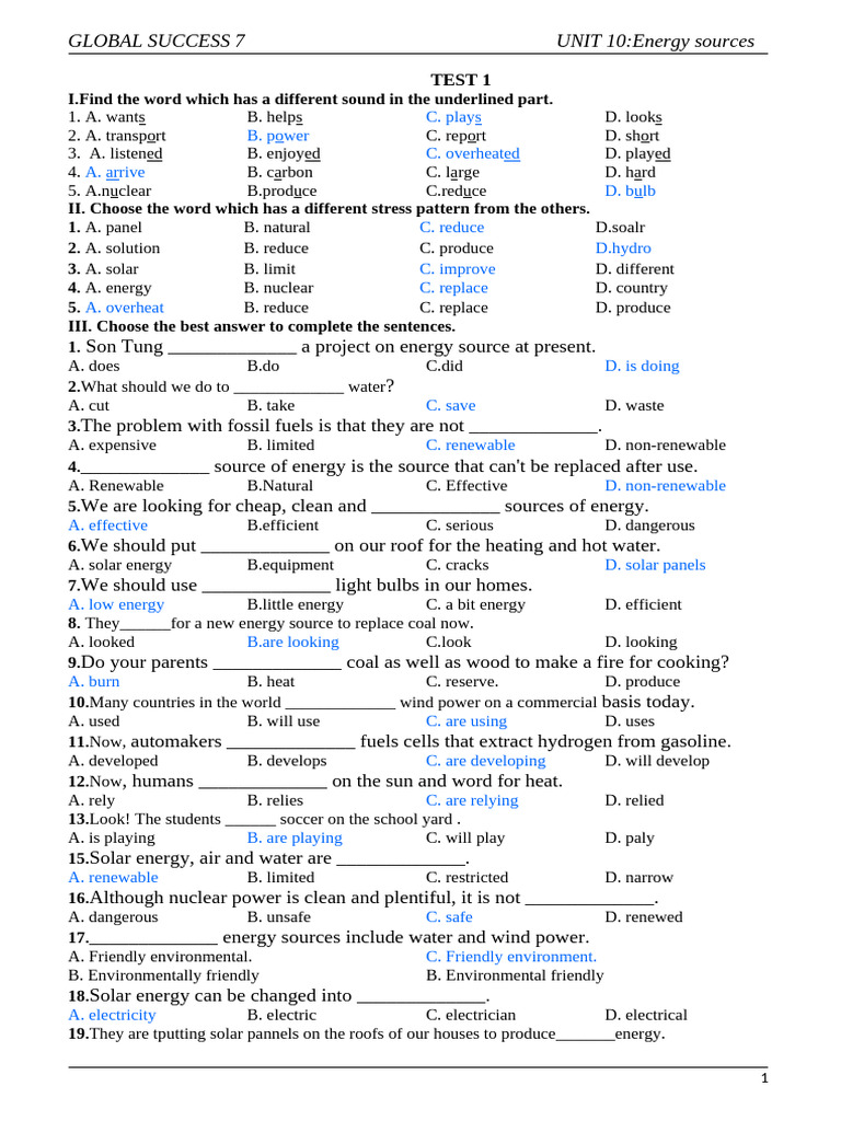 Unit 10 - Practice Test | PDF | Energy Development | Renewable Energy