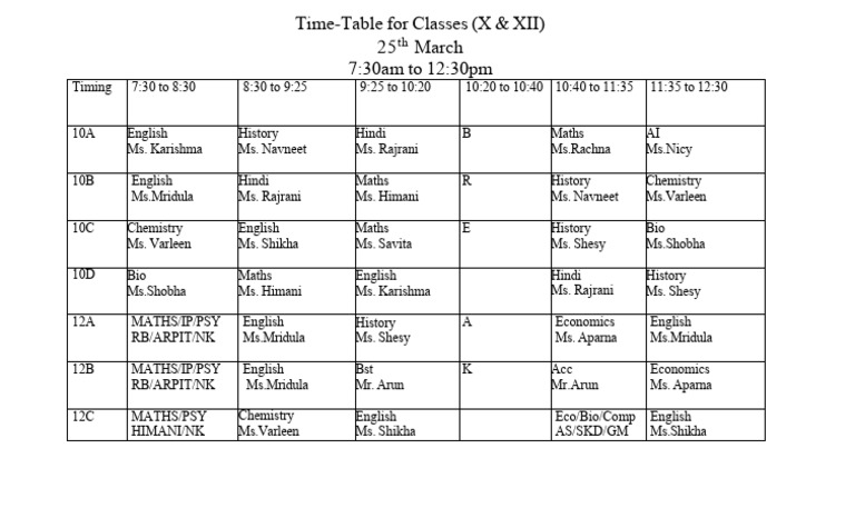 Time-Table For Classes (X & XII) - 25 MARCH 26 | PDF