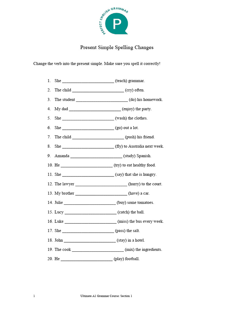 A1.1 Exercise - Spelling Changes, Short Forms, and Short Answers 1 - 3 ...