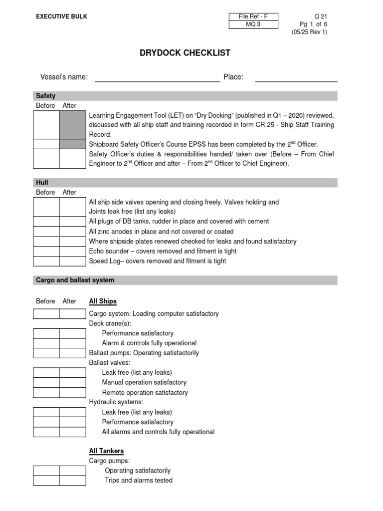 Q21 Dry Dock Checklist May25 R1 | PDF | Ships | Engines