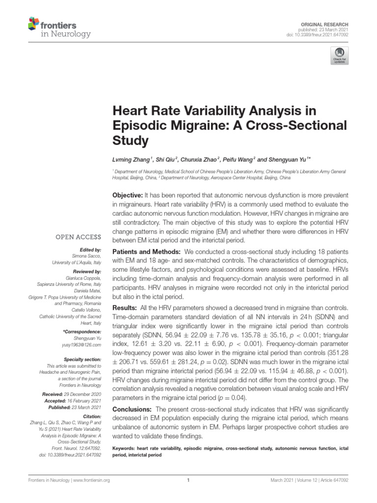 Heart Rate Variability Analysis in Episodic Migraine A Cross-Sectional ...