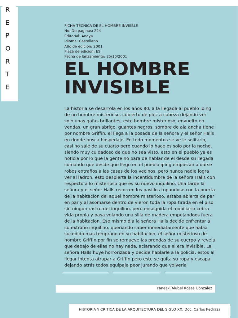 Reporte de Lectura. El Hombre Invisible | PDF