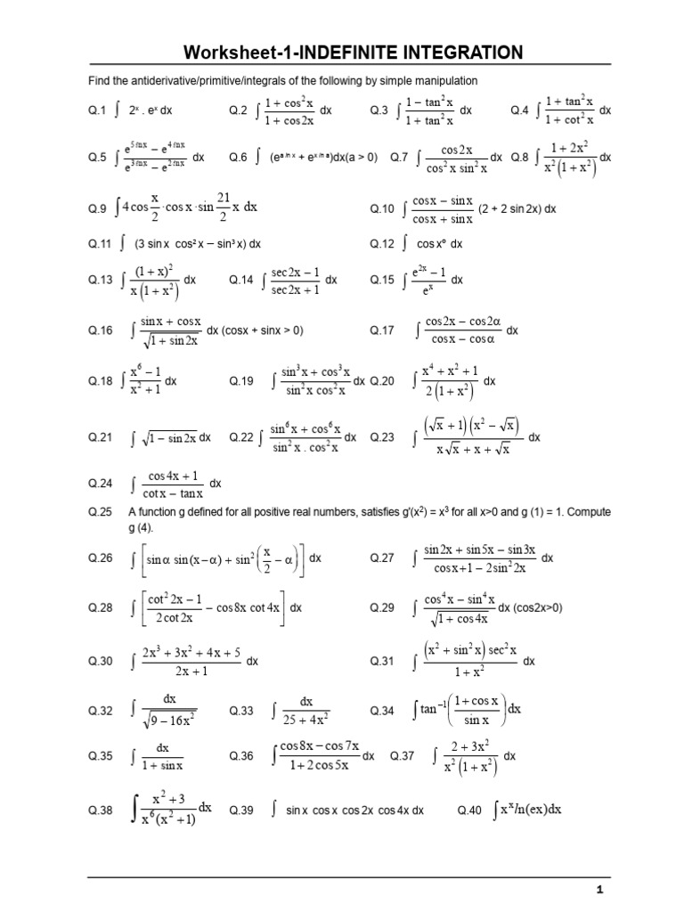 Worksheet 1 Indefinite Integration | PDF