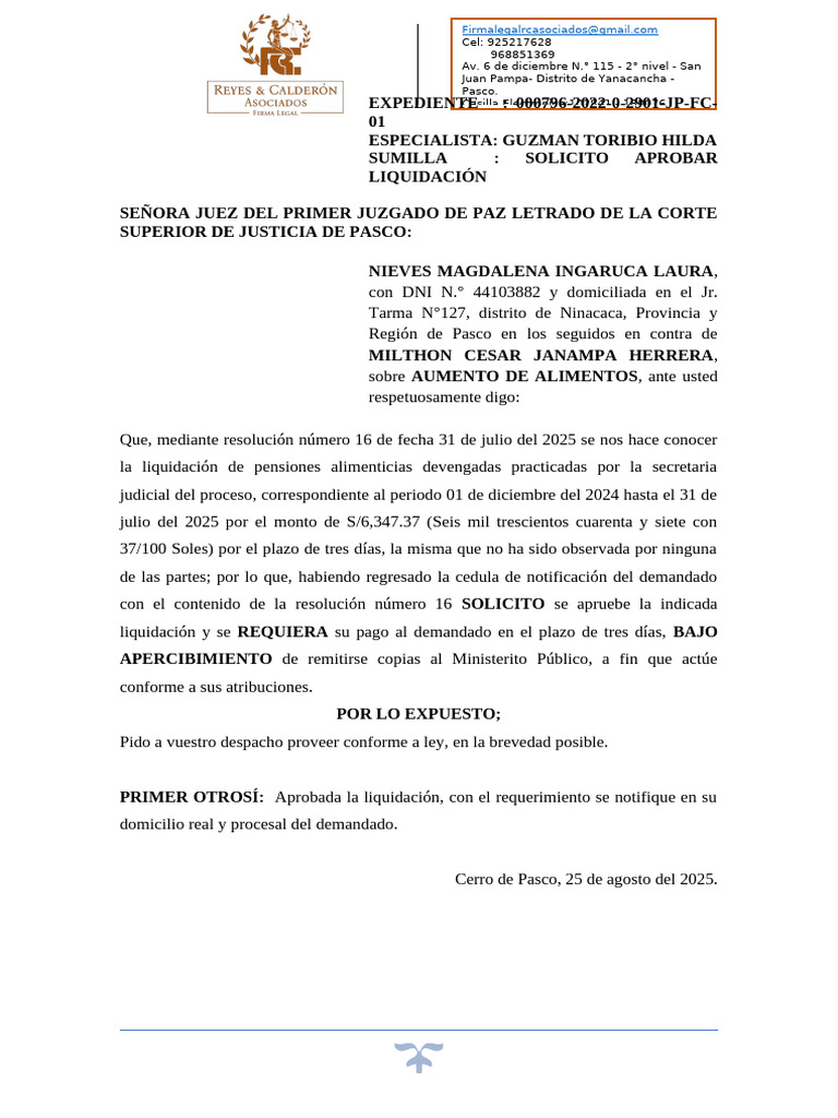 Solicito Aprobar Liquidación Exp796-2022 | PDF | Demanda judicial ...