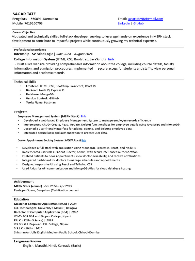 Sagar Tate Up Resume 1 | PDF | Java Script | Web Application