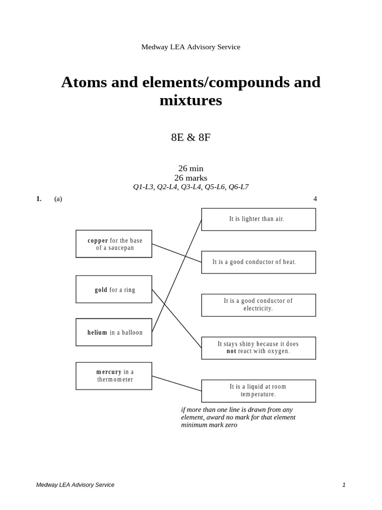 Atoms and Elements and Compounds and Mixtures Mark Scheme 2 | PDF ...