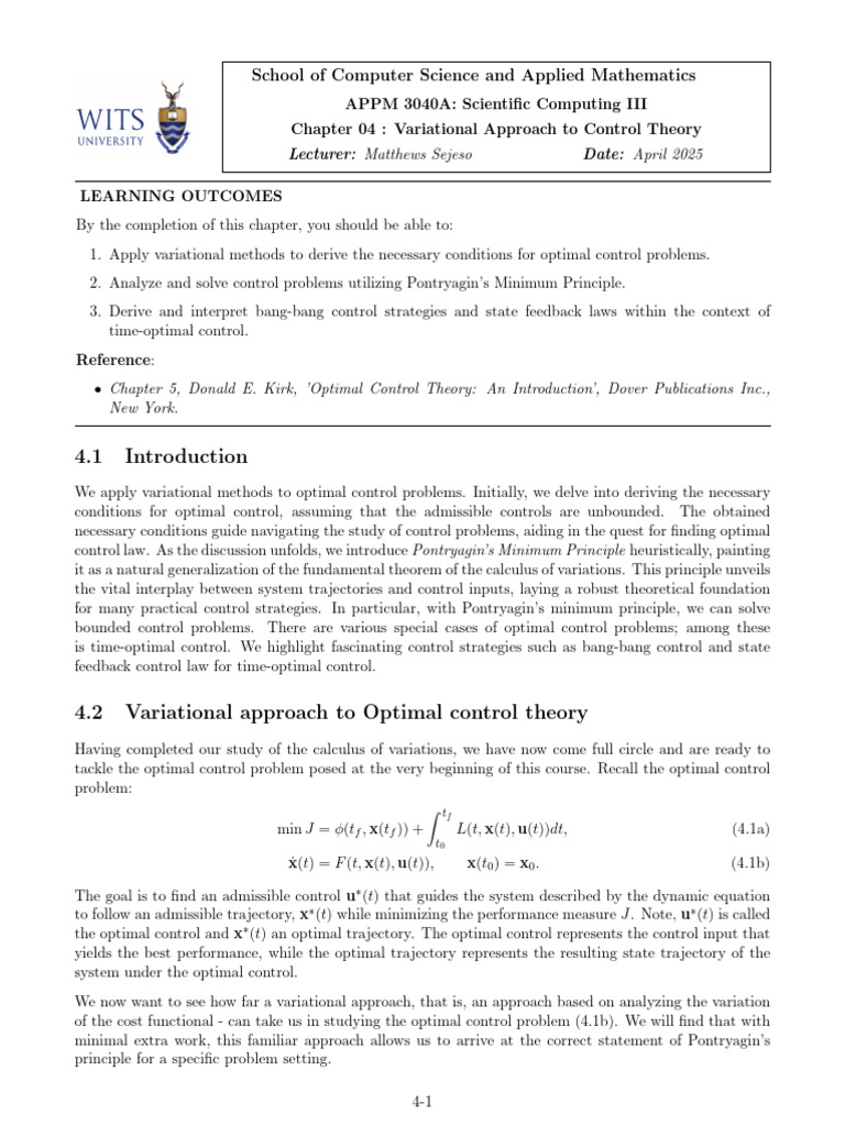 Chapter 4 - Variational Approach To Control Theory | PDF | Optimal ...