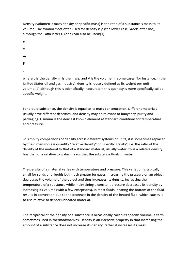 Density Notes | PDF | Density | Litre