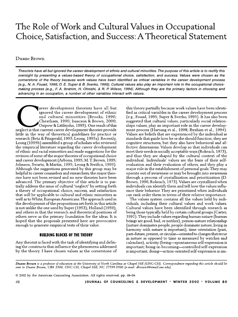 The Role of Work and Cultural Values in Occupational Choice A Theory | PDF