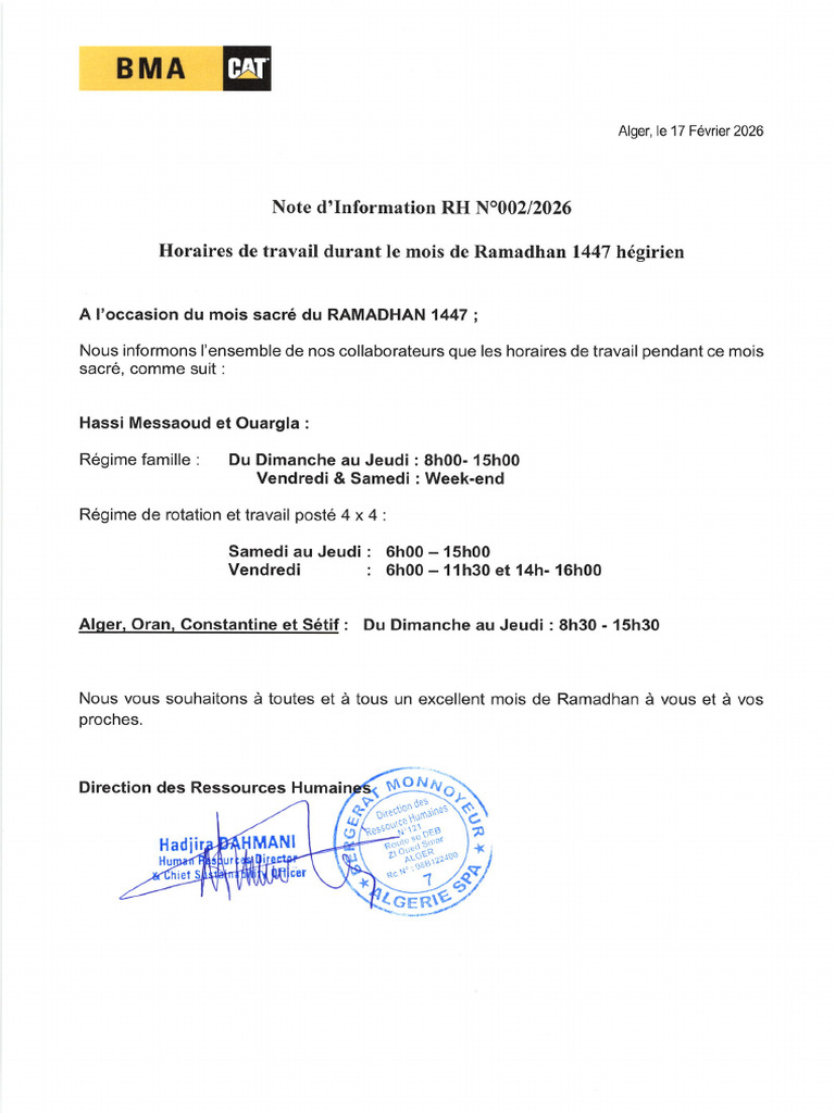 Note RH Relative Aux Horaires de Travail Durant Le Mois Du RAMADHAN ...