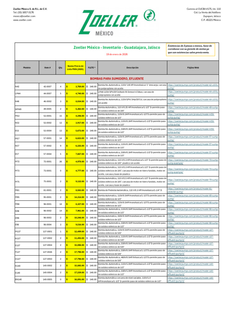 Zoeller México Inventario - Enero 19 de 2026 | PDF