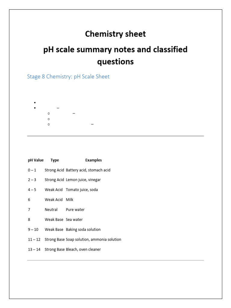 Chemistry Sheet PH Scale | PDF | Acid | Ph