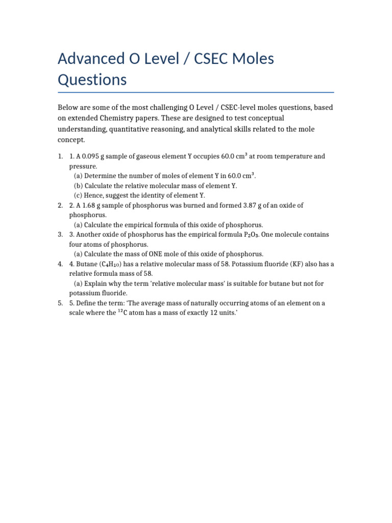 Hardest O Level CSEC Moles Questions | PDF