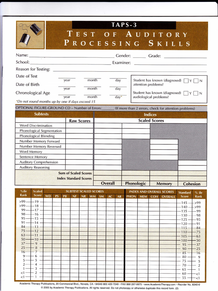 TAPS 3 Test of Auditory Perceptuals Skills | PDF | Gender | Gender Studies