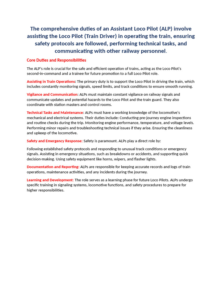 The Comprehensive Duties of An Assistant Loco Pilot | PDF | Train ...